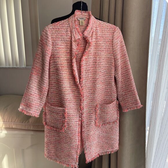 Neiman Marcus Exclusive Open Boucle Tweed Jacket Coat Metallic Weave Pockets M - Picture 1 of 5